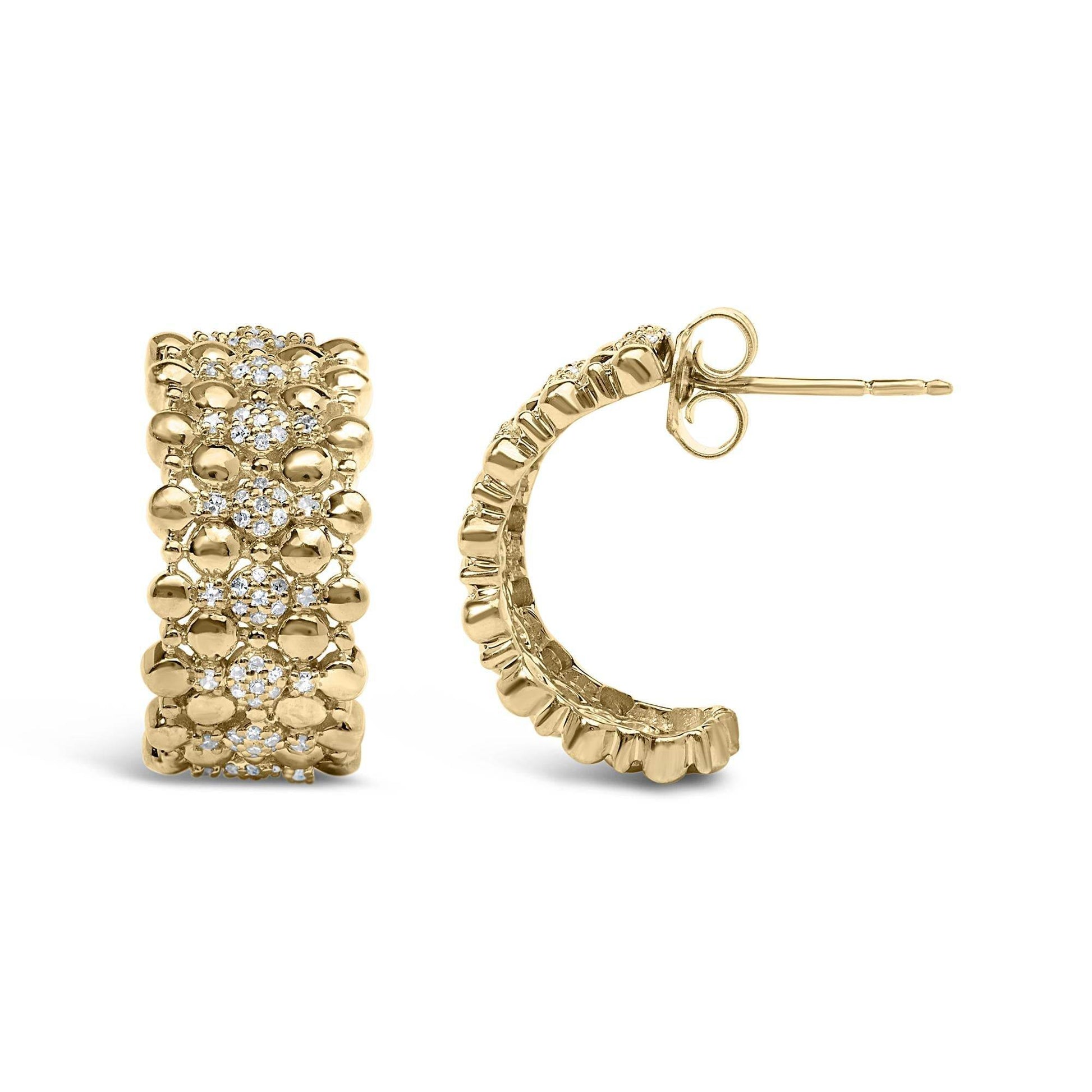 14K Yellow Gold Plated .925 Sterling Silver 1/3 Cttw Diamond and Ball Bead J Hoop Earrings (H-I Color, I1-I2 Clarity) - Bijoux-NYC Direct