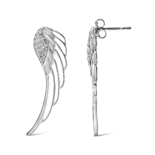 Silver wing-shaped earrings on a white background