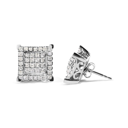 10K White Gold 1 1/4 Cttw Princess Diamond Composite Double Square and Halo Stud Earrings (I-J Color, I1-I2 Clarity) - Bijoux-NYC Direct