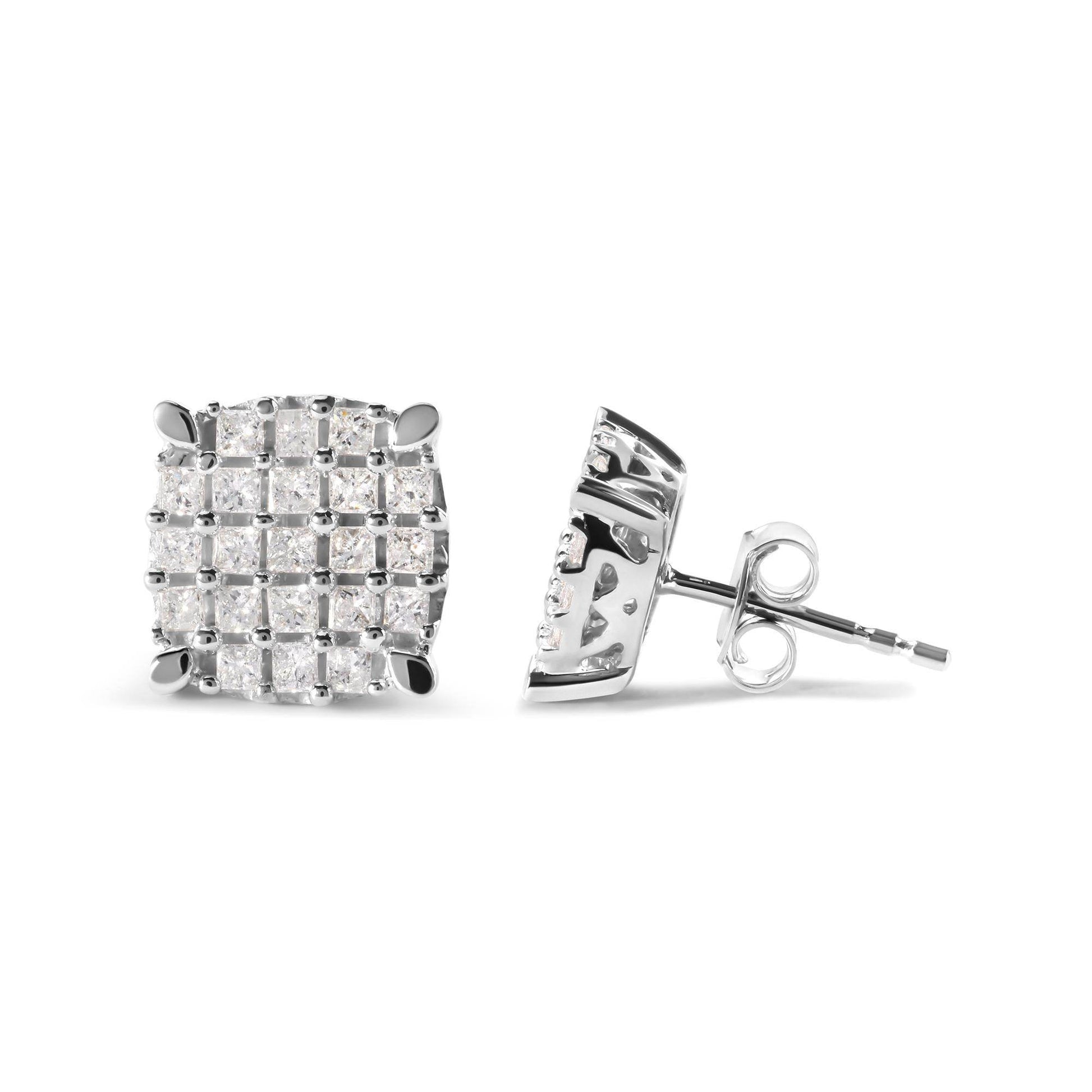 10K White Gold 3/4 Cttw Princess Diamond Composite Cushion Shape Stud Earrings (I-J Color, I1-I2 Clarity) - Bijoux-NYC Direct
