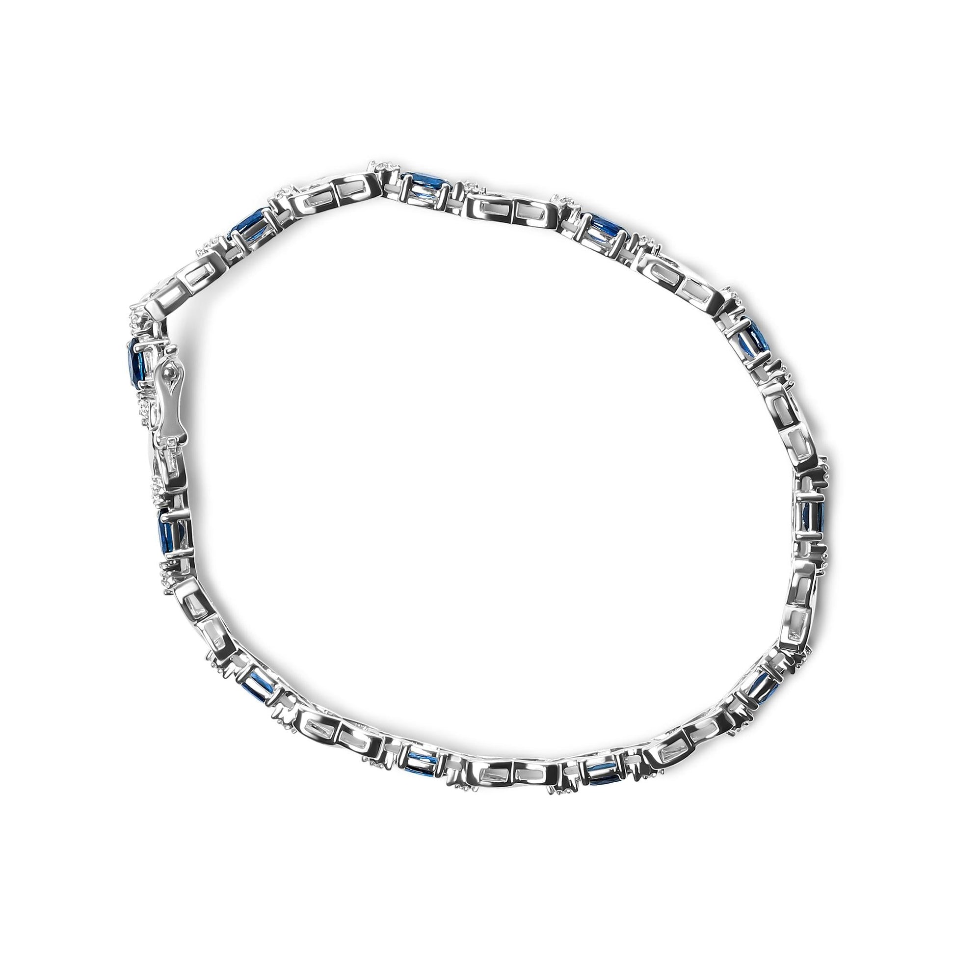 10K White Gold 5x4mm Oval Sapphire Gemstone and 1/10 Cttw Diamond Prong Set "X" Link Bracelet - Size 7" (H-I Color, SI1-SI2 Clarity) - Bijoux-NYC Direct