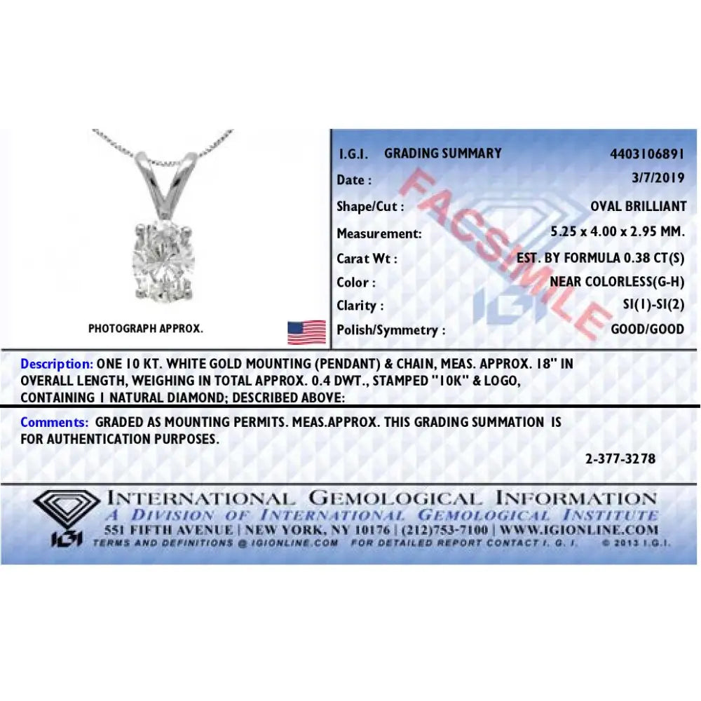 3/8 cttw oval diamond 10k white gold pendant necklace 18 inch igi certified bijoux-nyc direct