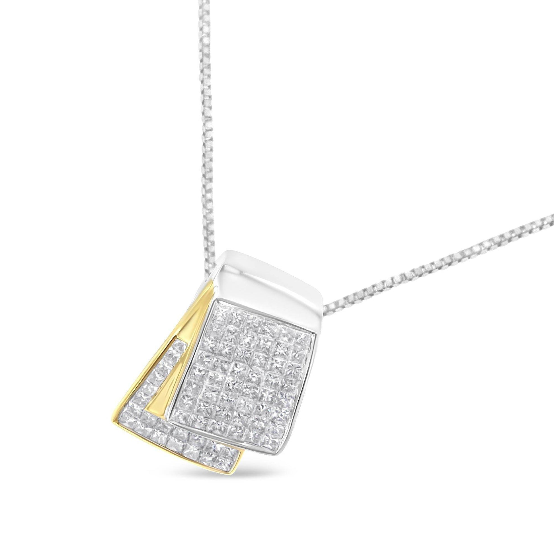 14K White and Yellow Gold 2.0 Cttw Princess Cut Diamond Two Tone Foldover Box Pendant 18” Box Chain Necklace (H-I Color, SI1-SI2 Clarity) - Bijoux-NYC Direct