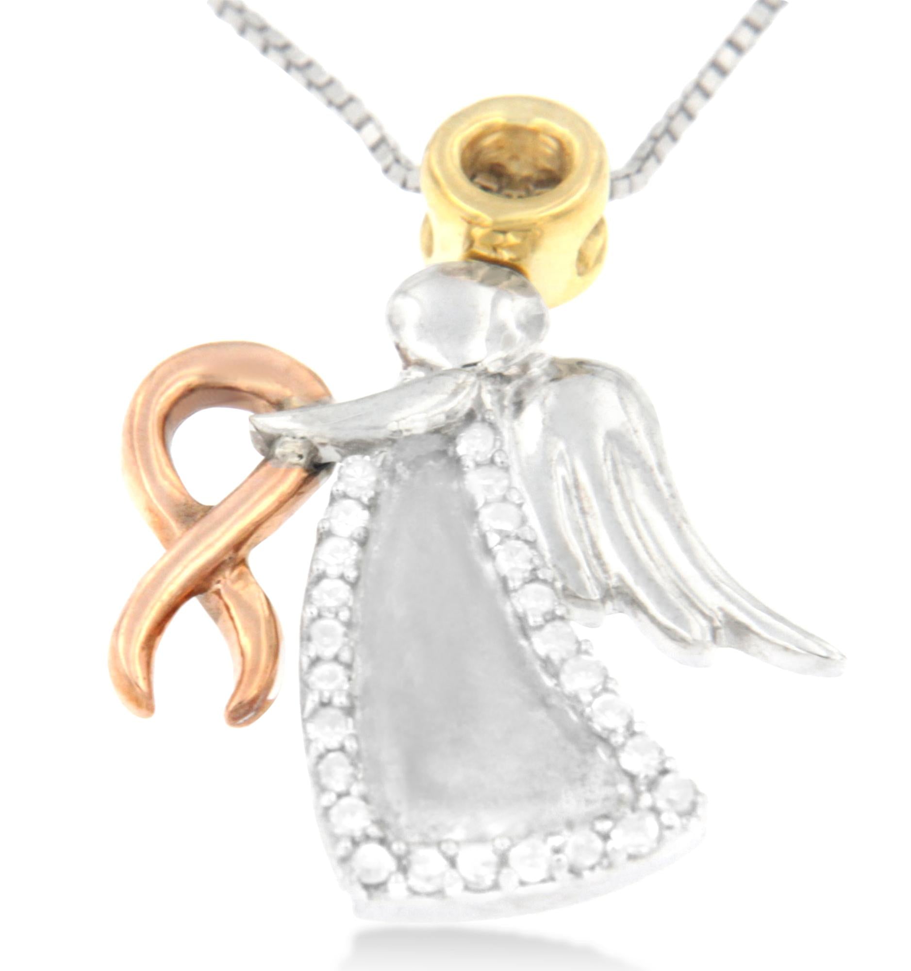 Angel pendant with gold and rose gold accents on a white background