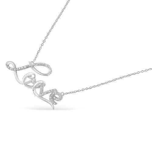 Silver necklace with 'LOVE' pendant on a white background