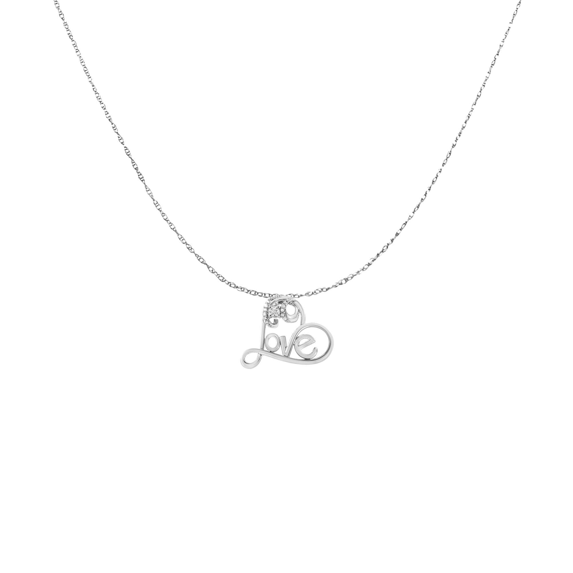 Silver necklace with a 'love' pendant on a white background