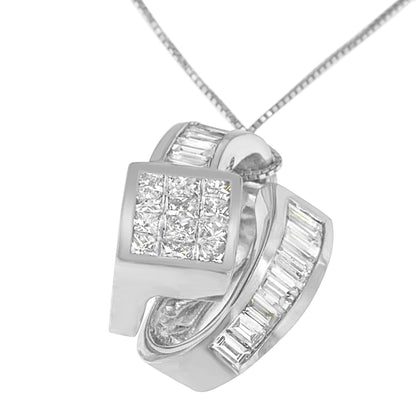 14K White Gold 2 cttw Princess and Baguette Cut Diamond Double Loop Pendant Necklace (G-H, VS1-VS2) - Bijoux-NYC Direct