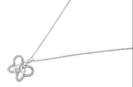 Silver necklace with a intricate pendant on a white background