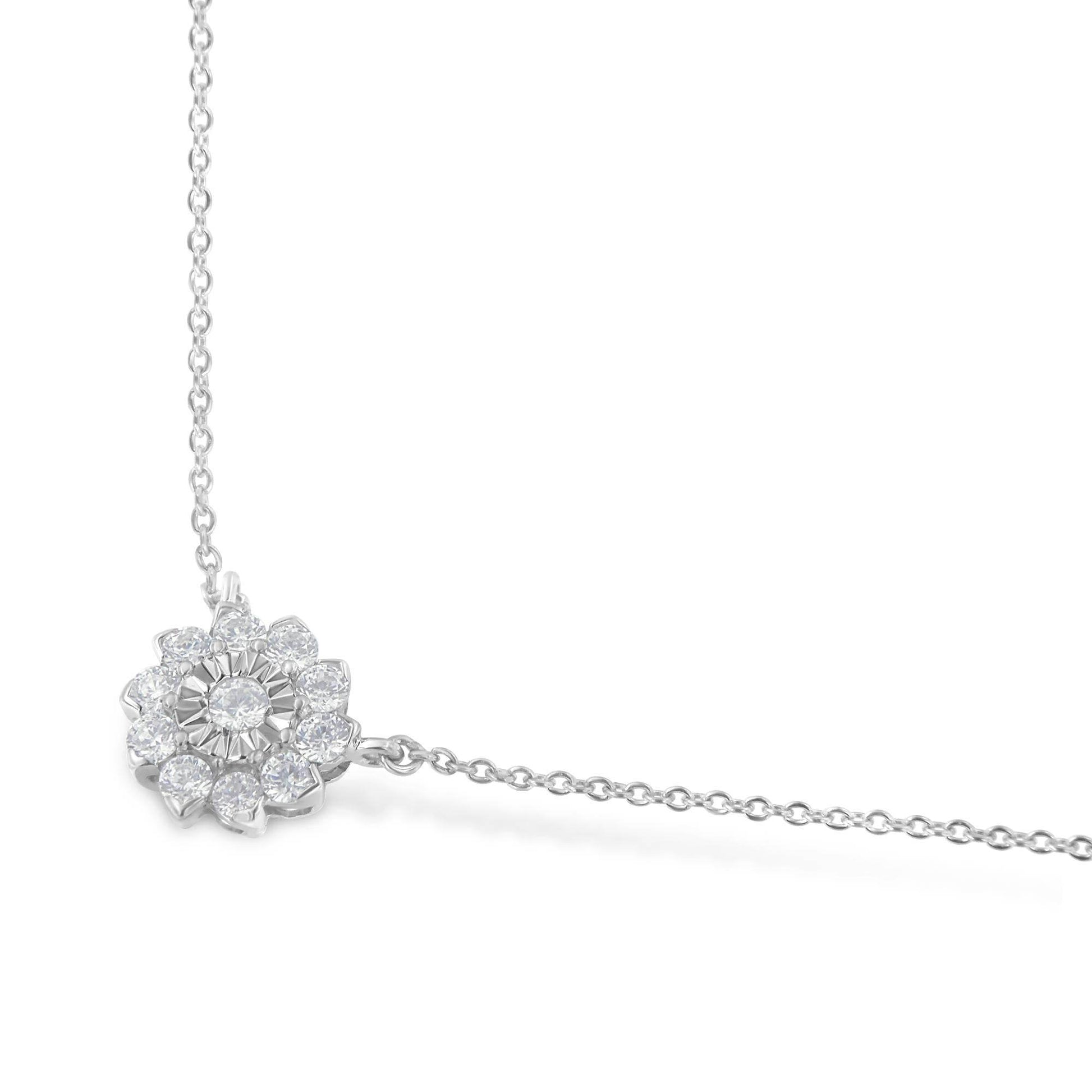 .925 Sterling Silver 1/2 Cttw Diamond Miracle Set Flower Cluster Pendant Necklace with Cable Chain (I-J Color, I1-I2 Clarity) - 18” - Bijoux-NYC Direct