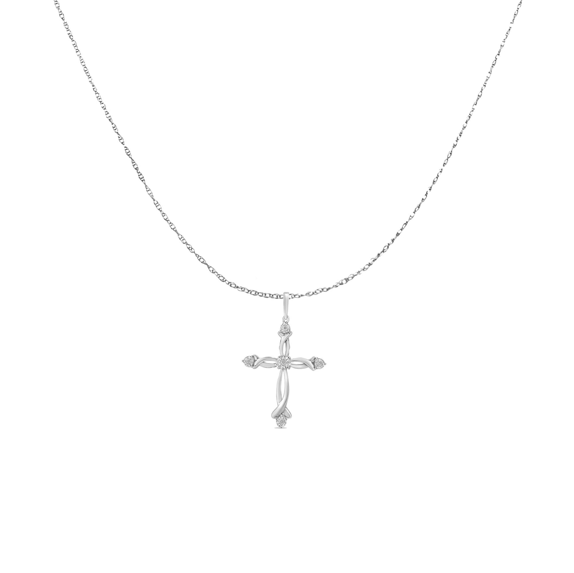 .925 Sterling Silver Round Cut Diamond Accent Cross Pendant Necklace (1/15 cttw, I-J Color, I3 Clarity) - Bijoux-NYC Direct
