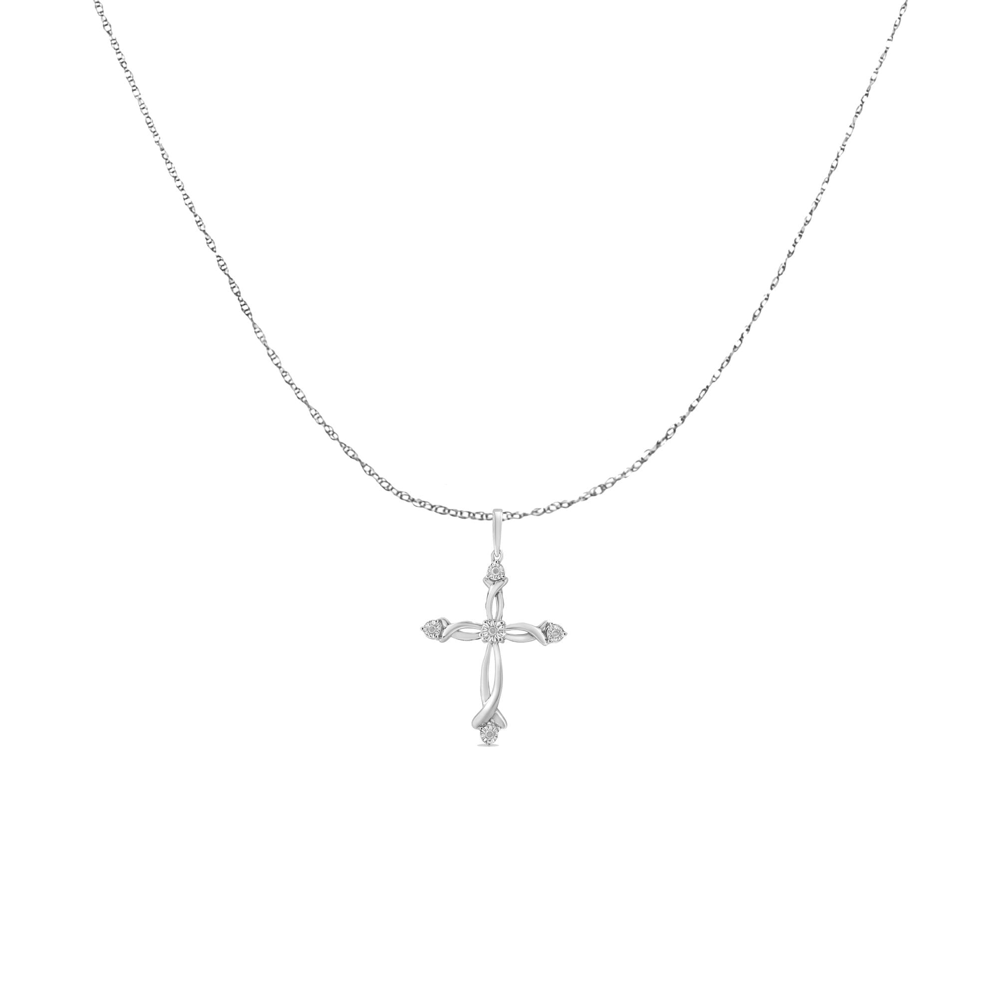 .925 Sterling Silver Round Cut Diamond Accent Cross Pendant Necklace (1/15 cttw, I-J Color, I3 Clarity) - Bijoux-NYC Direct