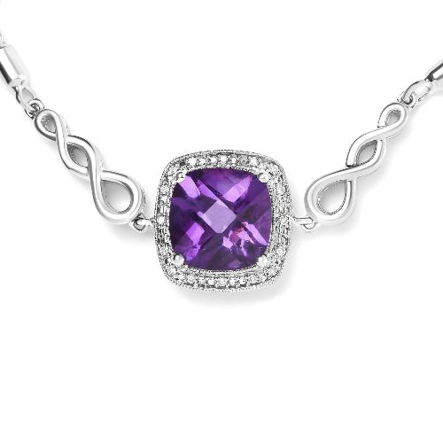 Silver necklace with a purple gemstone on a white background