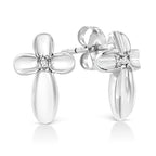 Silver flower-shaped earrings on a white background
