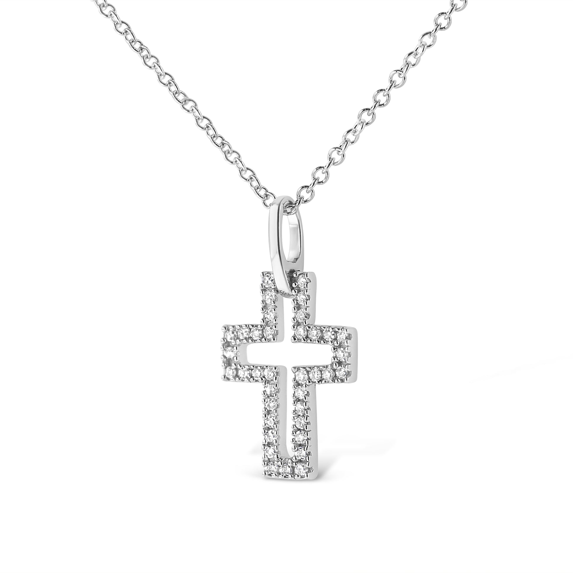 .925 Sterling Silver 1/10 cttw Pave-Set Round-Cut Diamond Open Cross 18" Pendant Necklace (I-J Color, I1-2 Clarity) - Bijoux-NYC Direct