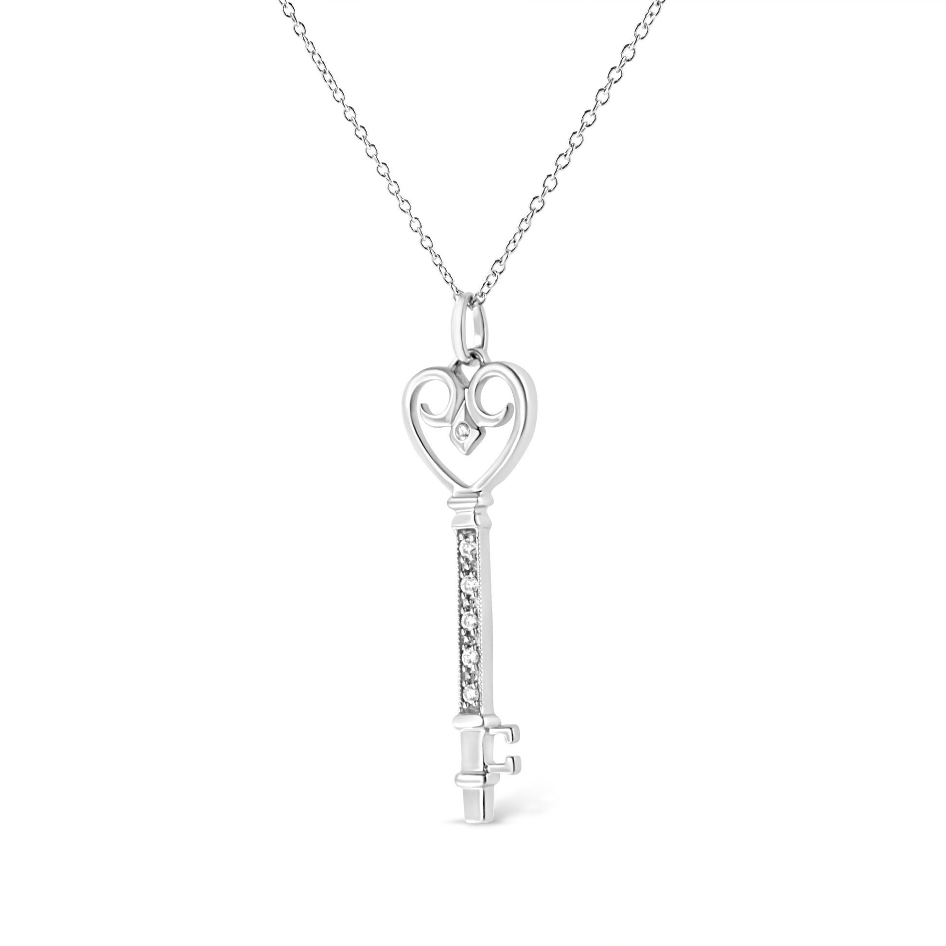 .925 Sterling Silver Pave and Bezel-Set Diamond Accent Key 18" Heart and Lock Pendant Necklace (K-L Color, I1-I2 Clarity) - Bijoux-NYC Direct