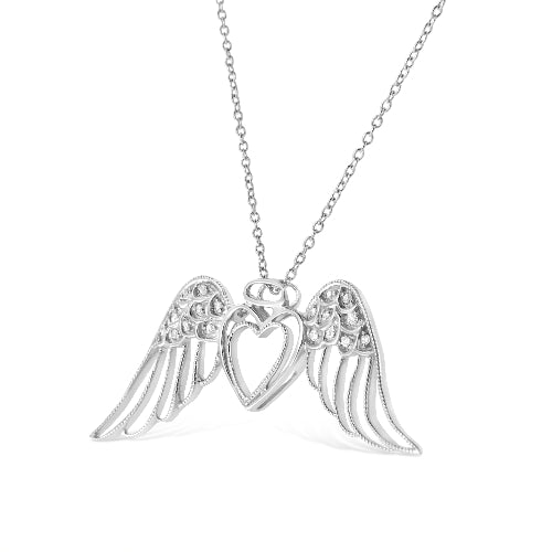 Silver necklace with angel wing and heart pendant on a white background