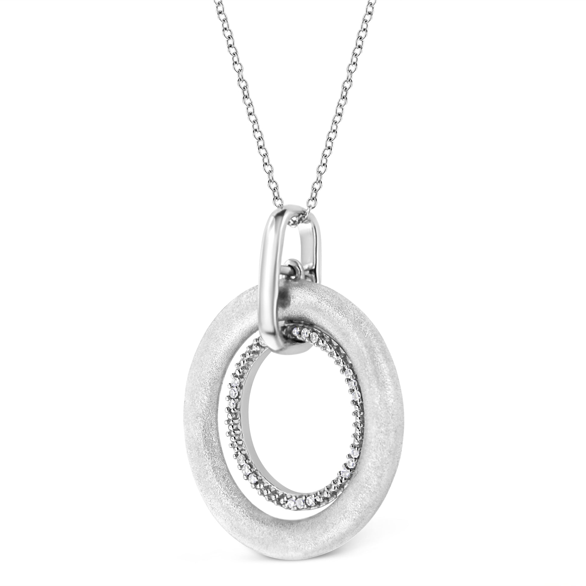 .925 Sterling Silver Prong-Set Diamond Accent Satin Finished Double Circle 18" Pendant Necklace (I-J Color, I1-I2 Clarity) - Bijoux-NYC Direct