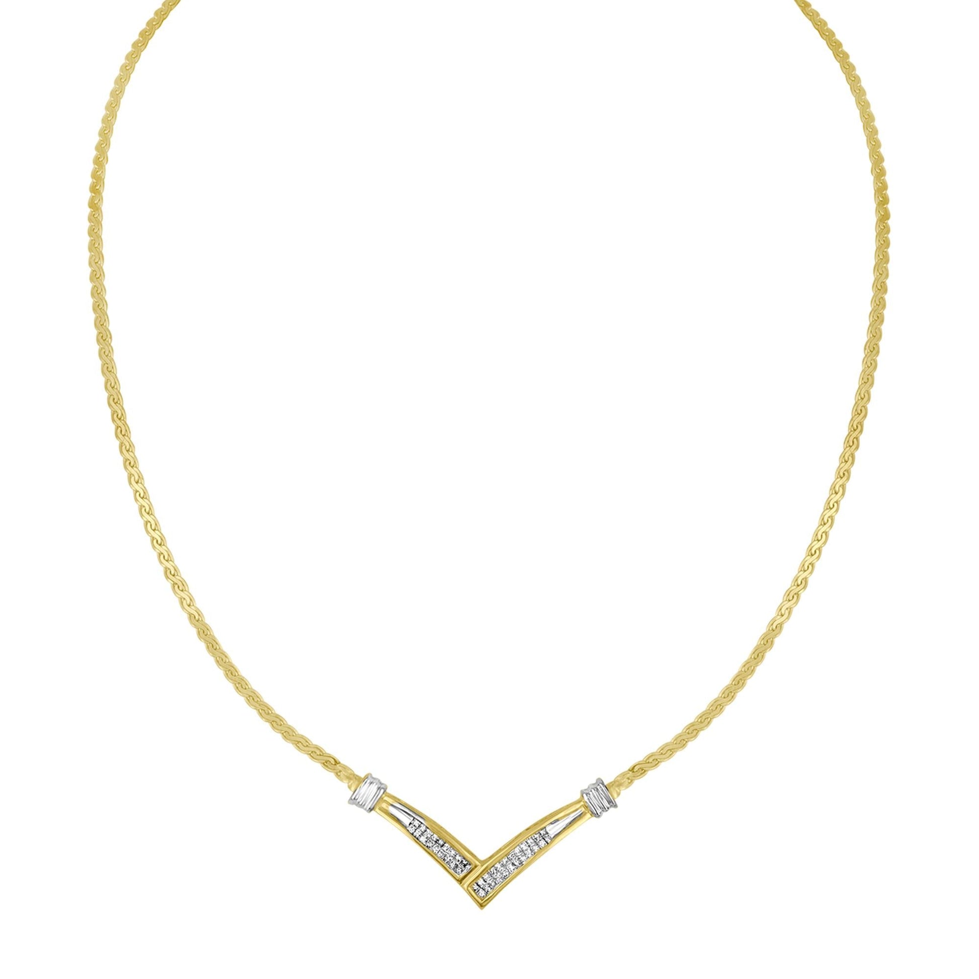 10K Yellow and White Gold 1/2 Cttw Princess Cut Diamond Channel-Set “V” Shape 18" Franco Chain Necklace (H-I Color, SI2-I1 Clarity) - Bijoux-NYC Direct