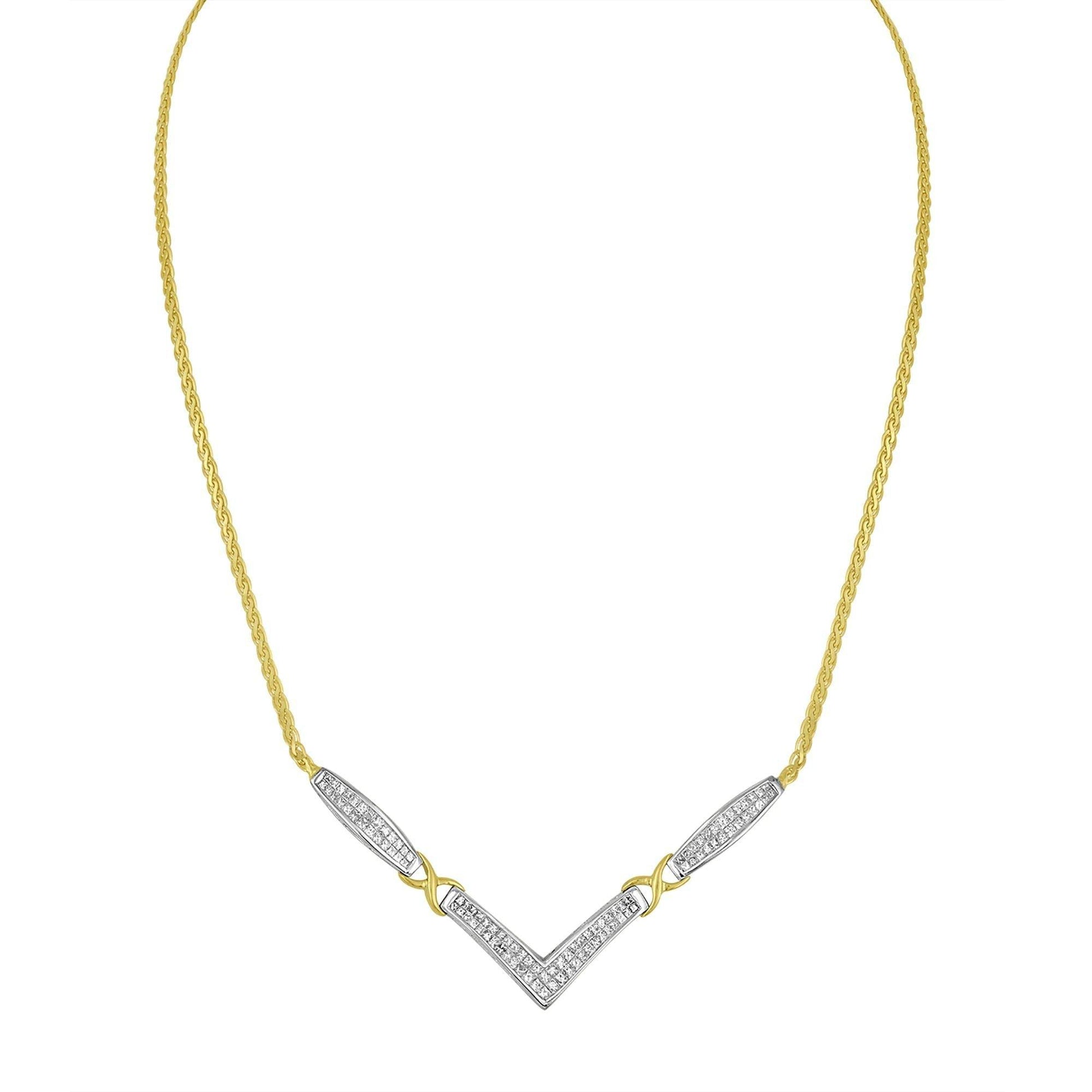 14K Yellow and White Gold 2.0 Cttw Princess Cut Diamond Flared and X-Station V Shaped 18” Franco Chain Statement Necklace (H-I Color, SI2-I1 Clarity) - Bijoux-NYC Direct