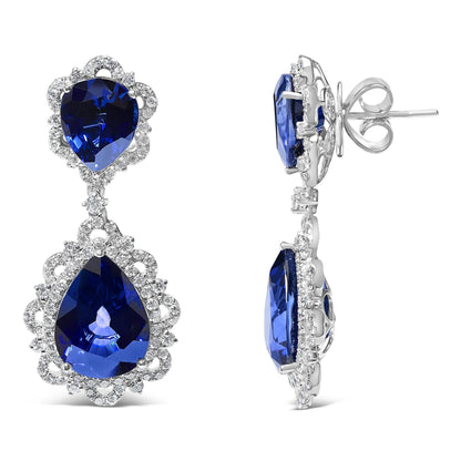 18K White Gold Blue Sapphire and Diamond 2.00 Cttw Diamond Halo Drop and Dangle Earring (G-H Color, SI1-SI2 Clarity) - Bijoux-NYC Direct