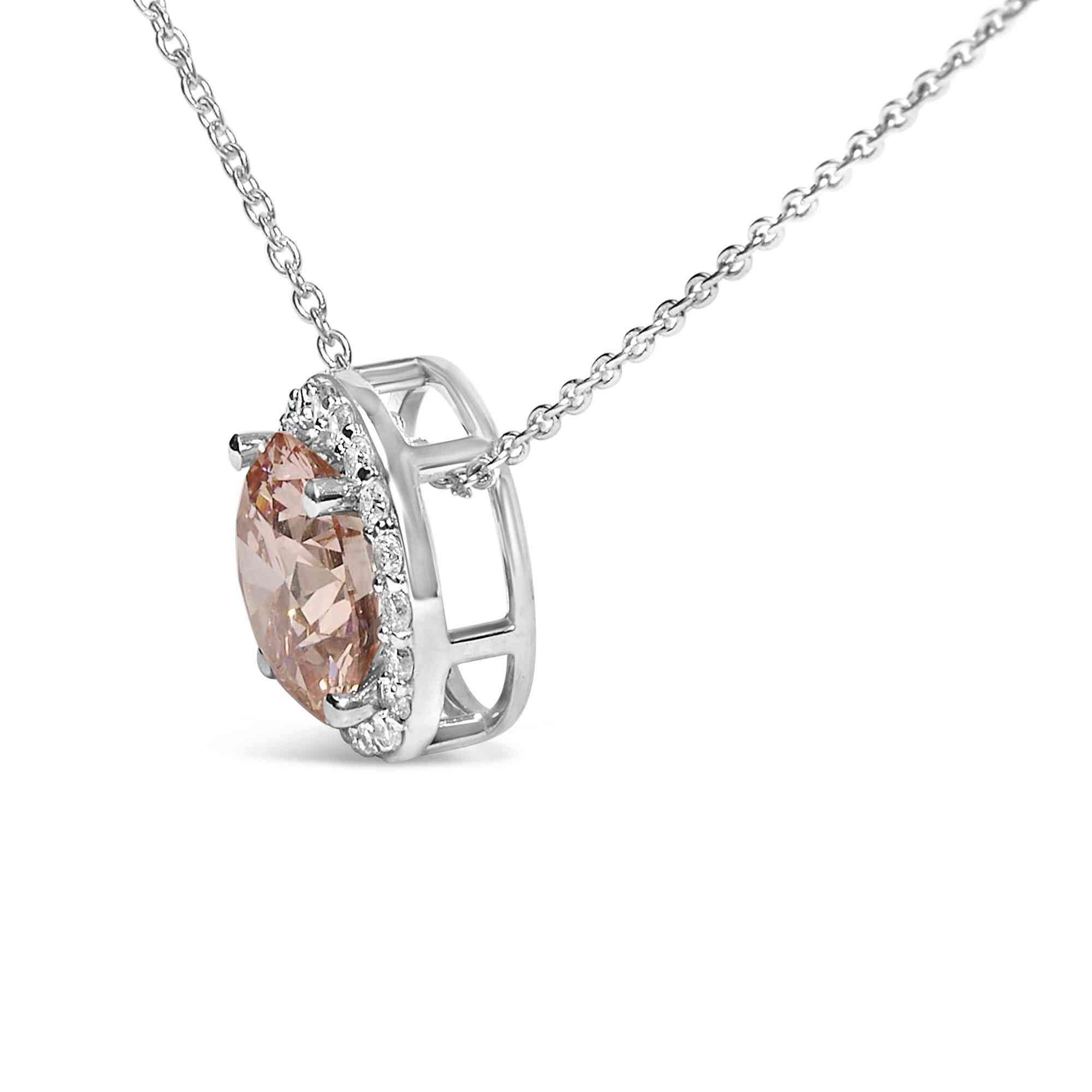 14K White Gold 2 3/8 Cttw Lab Grown Pink Diamond Solitaire with Halo Pendant Necklace - 17" Inches