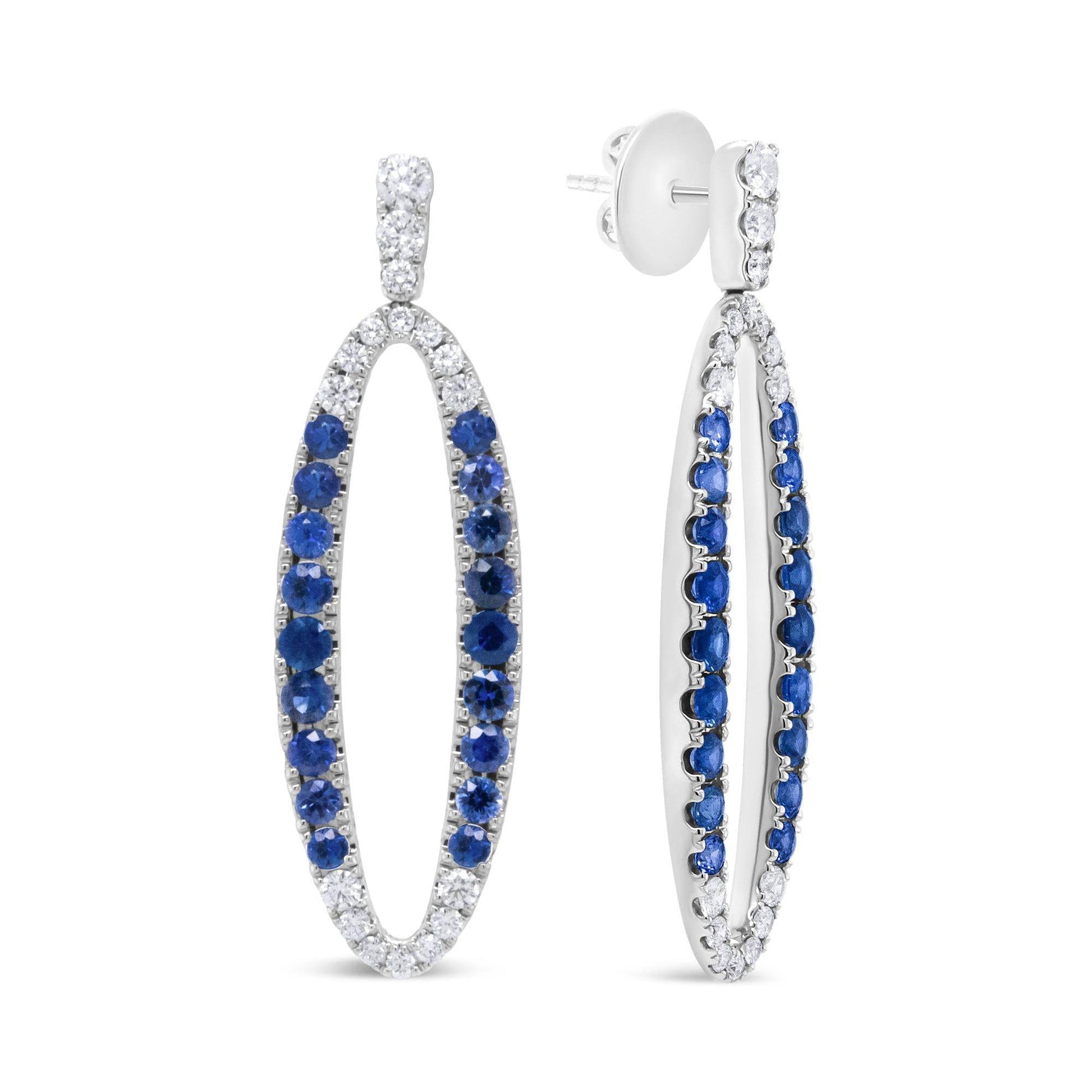 18K White Gold 1.11 Cttw Blue Round Diamond and Blue Sapphire Openwork Oval Shaped Dangle Earrings (F-G Color, VS1-VS2 Clarity) - Bijoux-NYC Direct