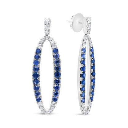 18K White Gold 1.11 Cttw Blue Round Diamond and Blue Sapphire Openwork Oval Shaped Dangle Earrings (F-G Color, VS1-VS2 Clarity) - Bijoux-NYC Direct
