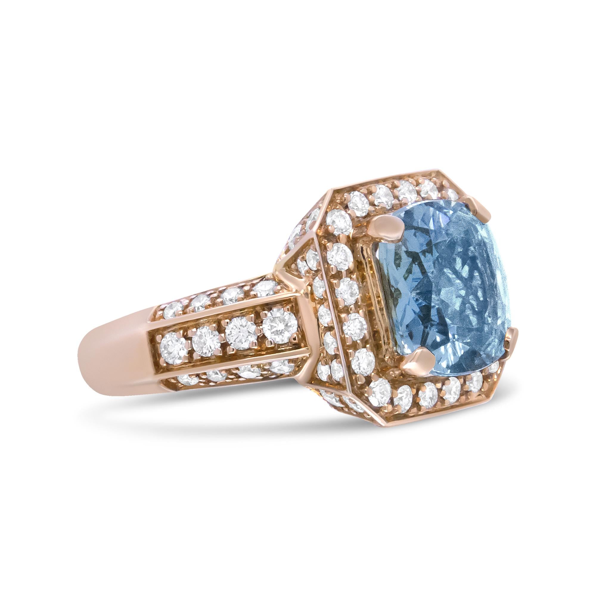 Luxury ring with blue gemstone and rose gold setting on a white background