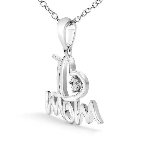Silver 'mom' pendant with a heart and diamond on a white background
