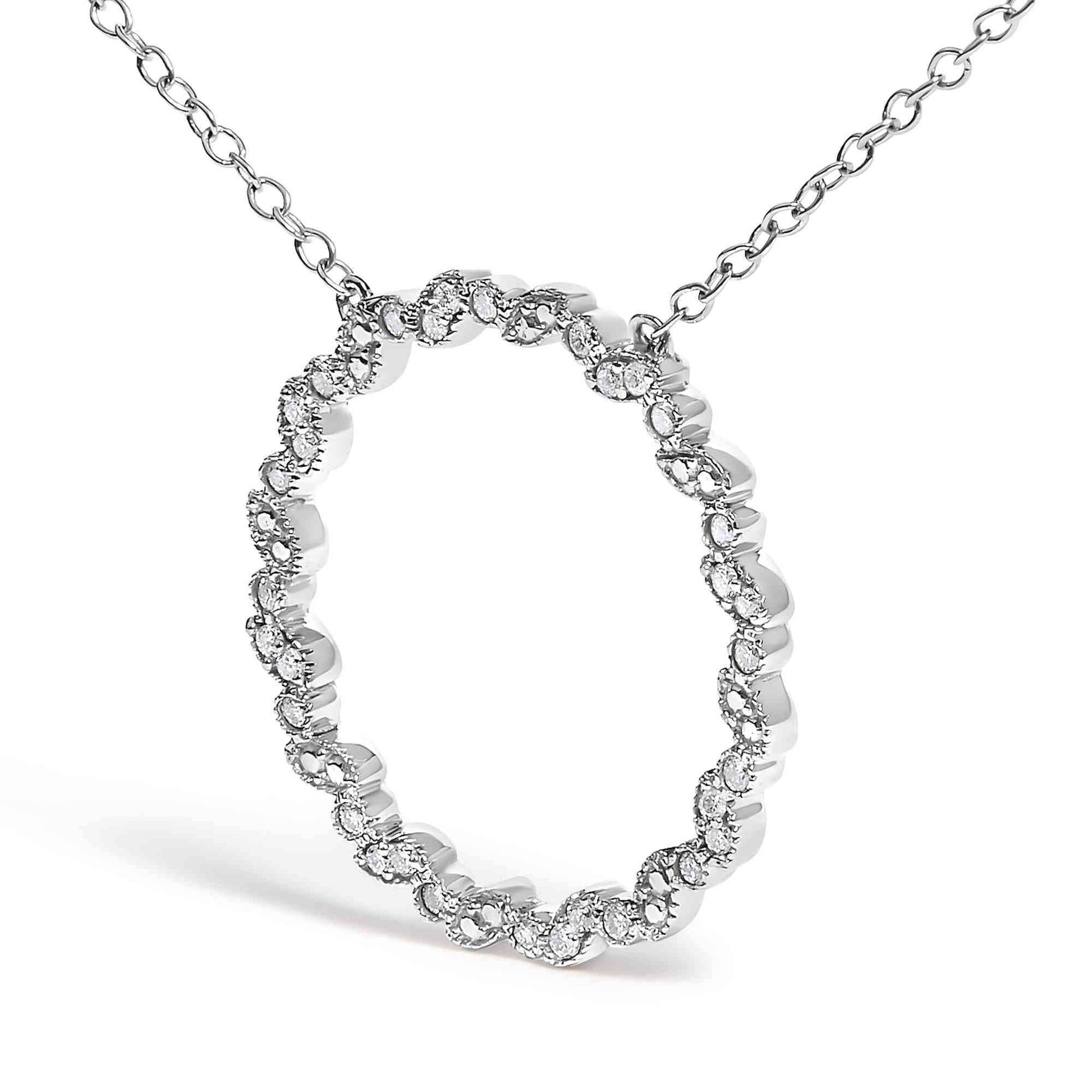 .925 Sterling Silver 1/7 Cttw Lab Grown Diamond Beaded Love Circle Pendant Necklace - Size 18 Inches - Bijoux-NYC Direct