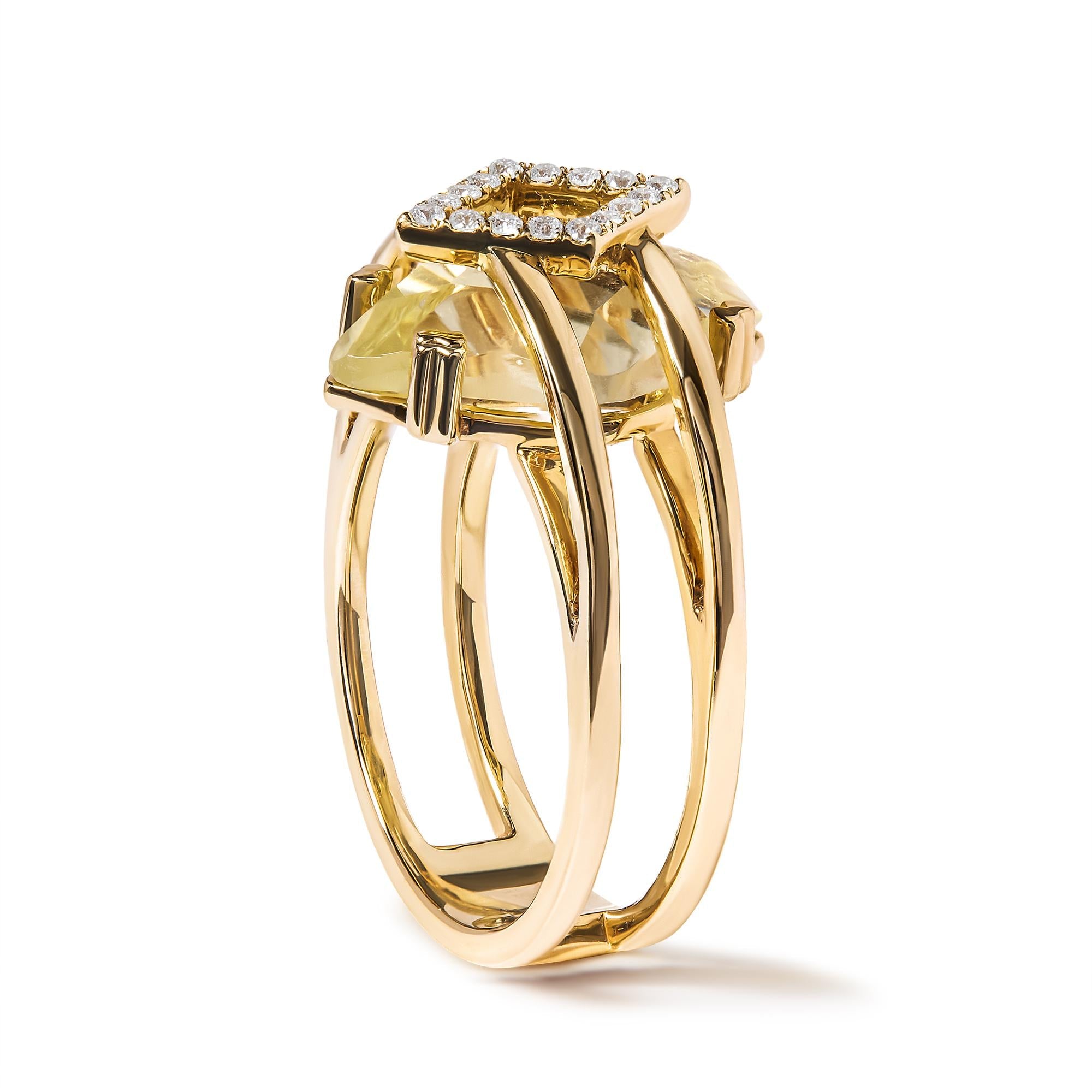 Gold ring with a large yellow gemstone and smaller diamonds on a white background