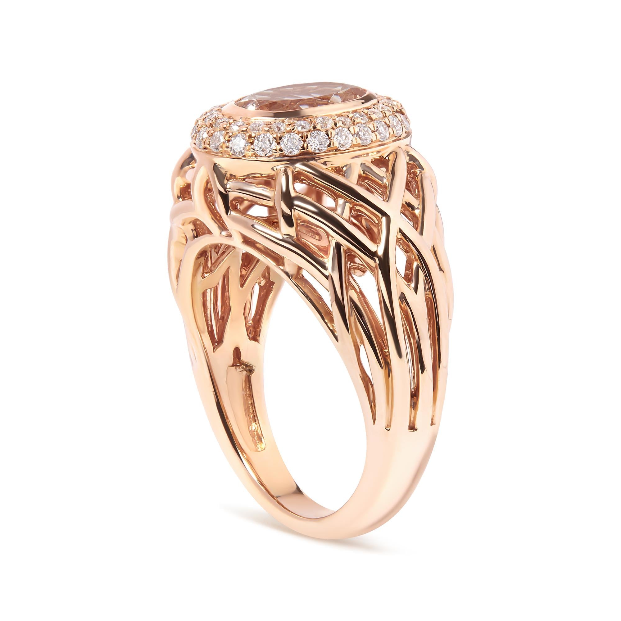 Rose gold ring with intricate design and diamond accents on a white background