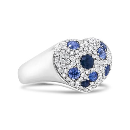 18K White Gold Blue Sapphire and 5/8 Cttw Diamond Cluster Heart Shaped Ring (F-G Color, VS1-VS2 Clarity) - Bijoux-NYC Direct