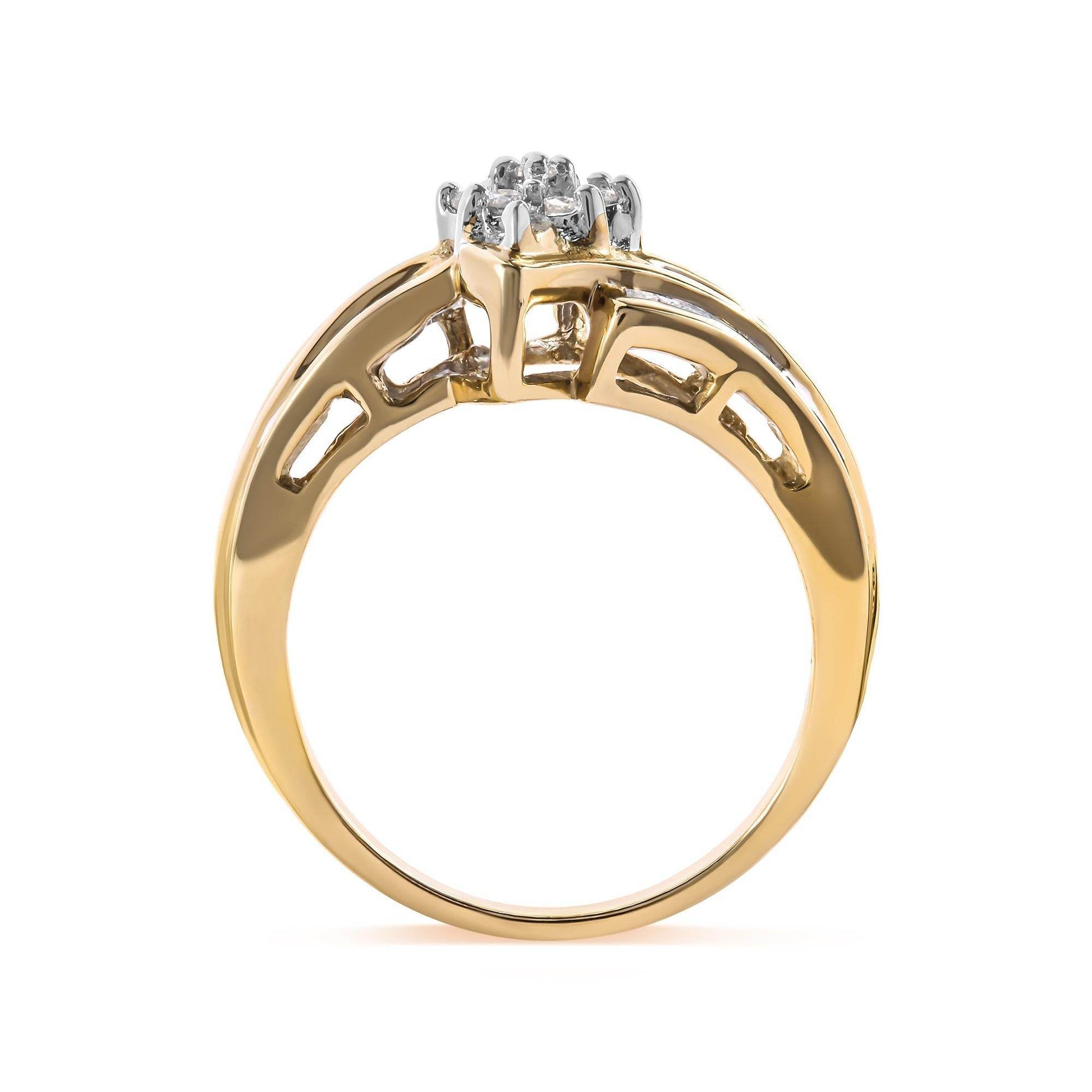 10K Yellow Gold 1/2 Cttw Round And Baguette-cut Diamond Cluster Head and Channel Set Shank Ring (H-I Color, I1-I2 Clarity) - Bijoux-NYC Direct