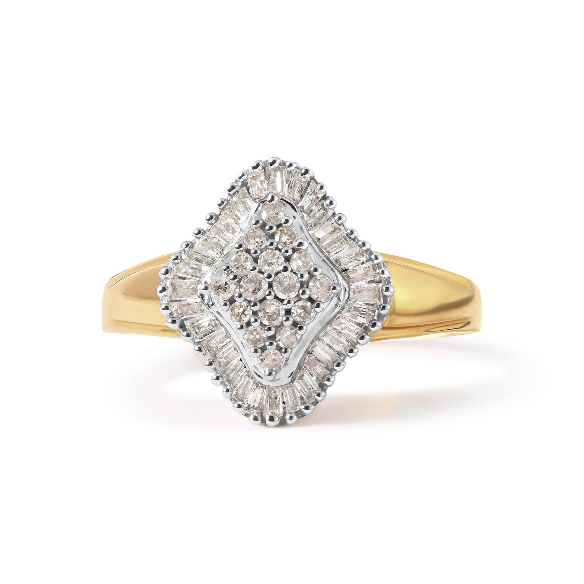 10K Yellow Gold 1/2 Cttw Round And Baguette-cut Diamond Rhombus Head and Halo Ring (I-J Color, I1-I2 Clarity) - Bijoux-NYC Direct