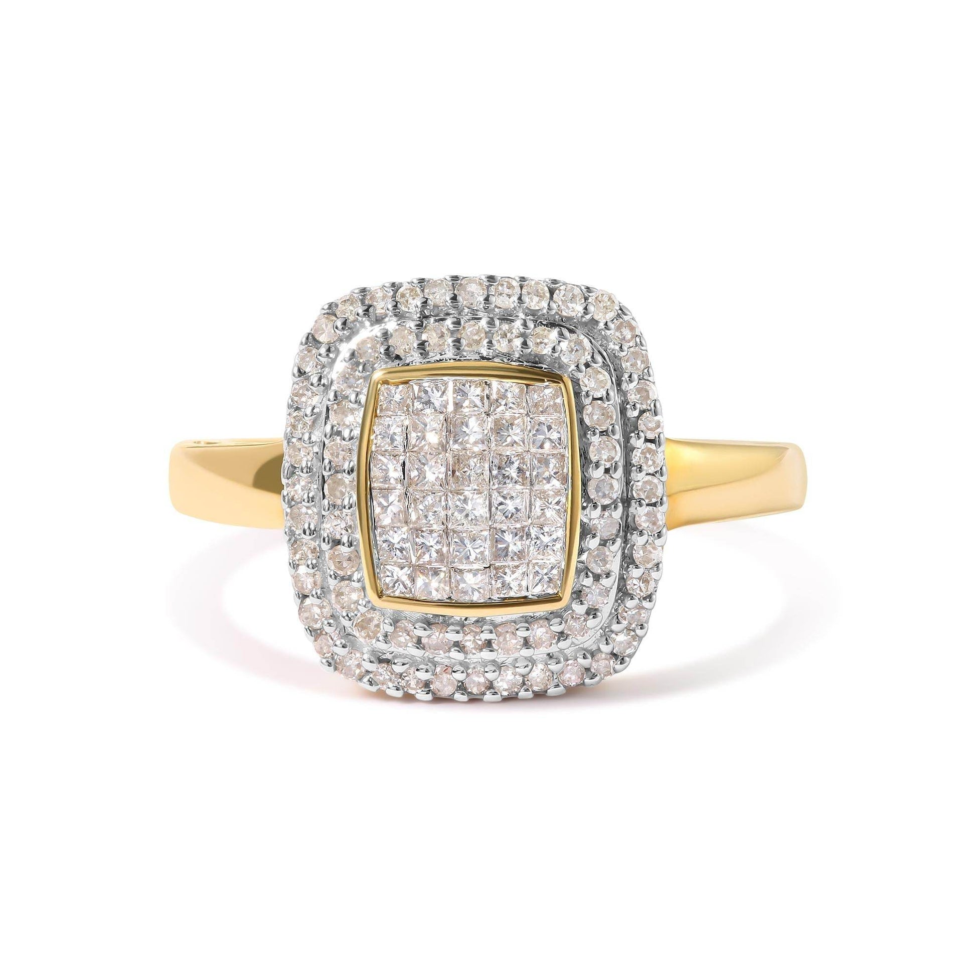 10K Yellow Gold 1/2 cttw Round and Princess Diamond Composite Head and Halo Ring (H-I Color, SI1-SI2 Clarity) - Bijoux-NYC Direct