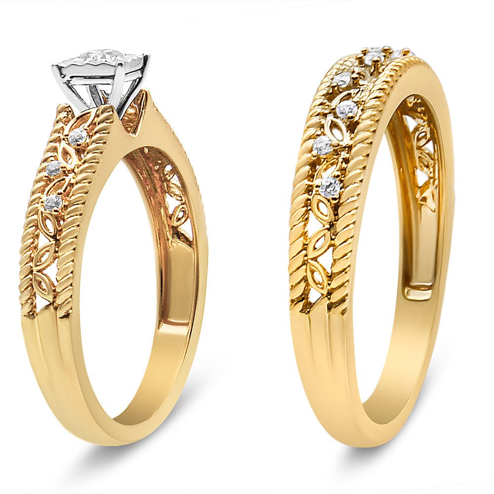 Two gold rings with diamond accents on a white background