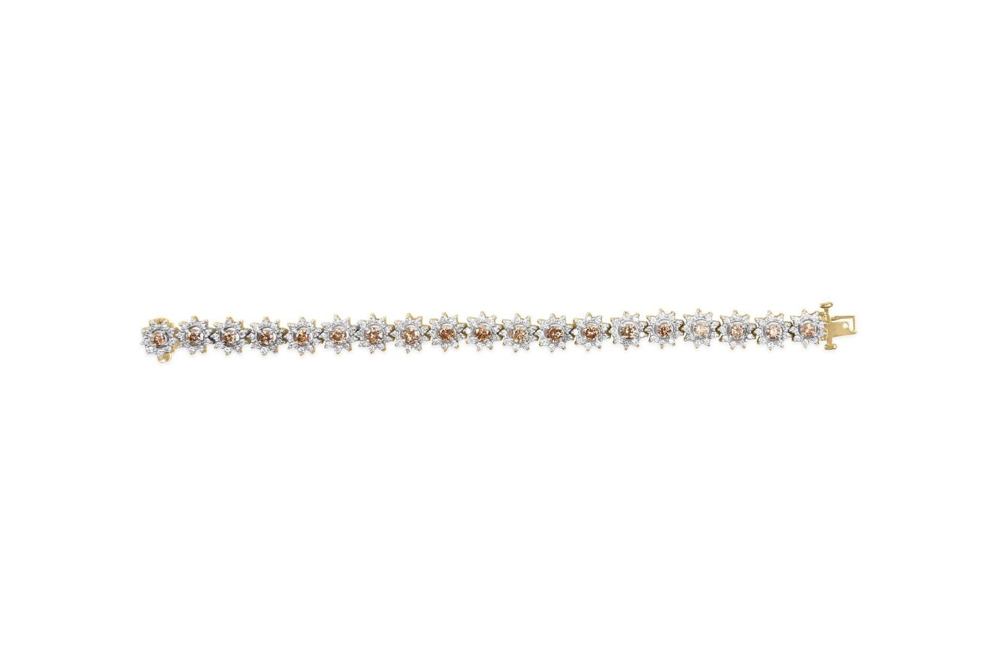 14K Yellow Gold 8.00 Cttw Champagne Diamond Floral Cluster Halo Link Bracelet (H-I Color, I1-I2 Clarity) - Bijoux-NYC Direct