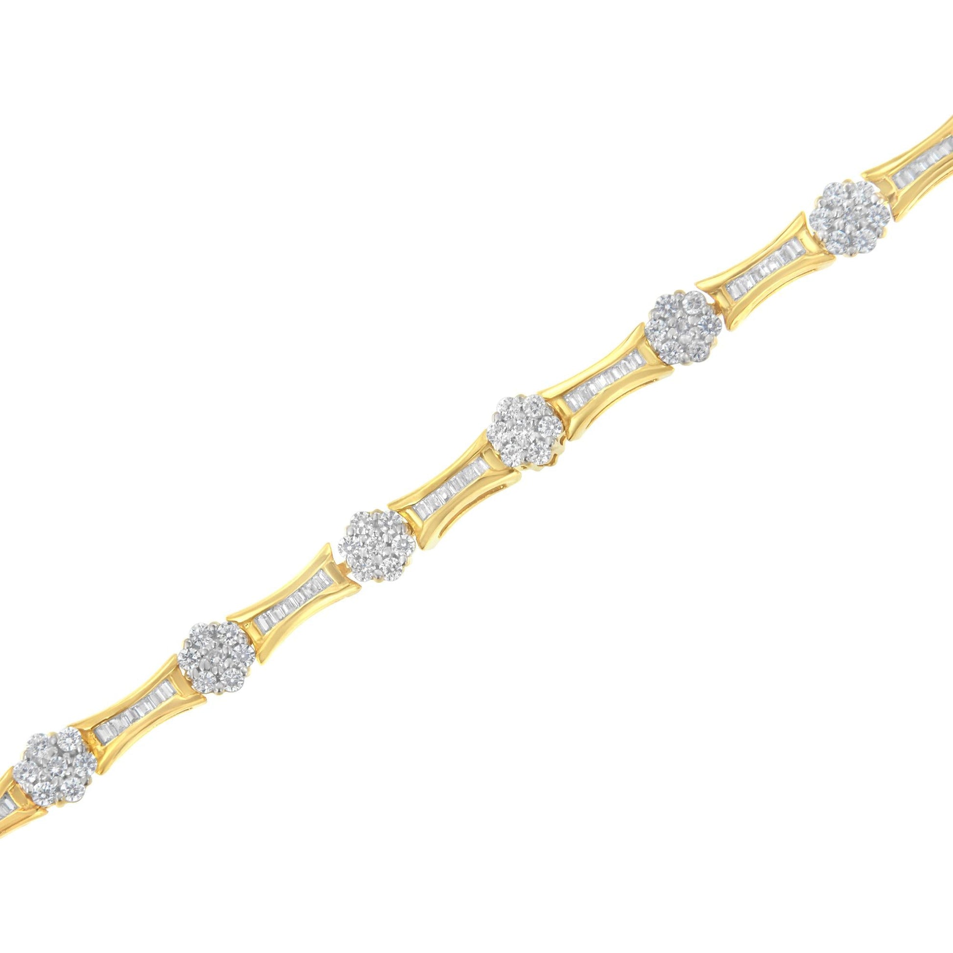 10K Yellow and White Gold 2.00 cttw Round and Baguette-Cut Diamond Link Bracelet (I-J Color, I2-I3 Clarity) - Size 7.25" - Bijoux-NYC Direct