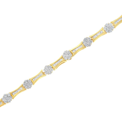 10K Yellow and White Gold 2.00 cttw Round and Baguette-Cut Diamond Link Bracelet (I-J Color, I2-I3 Clarity) - Size 7.25" - Bijoux-NYC Direct