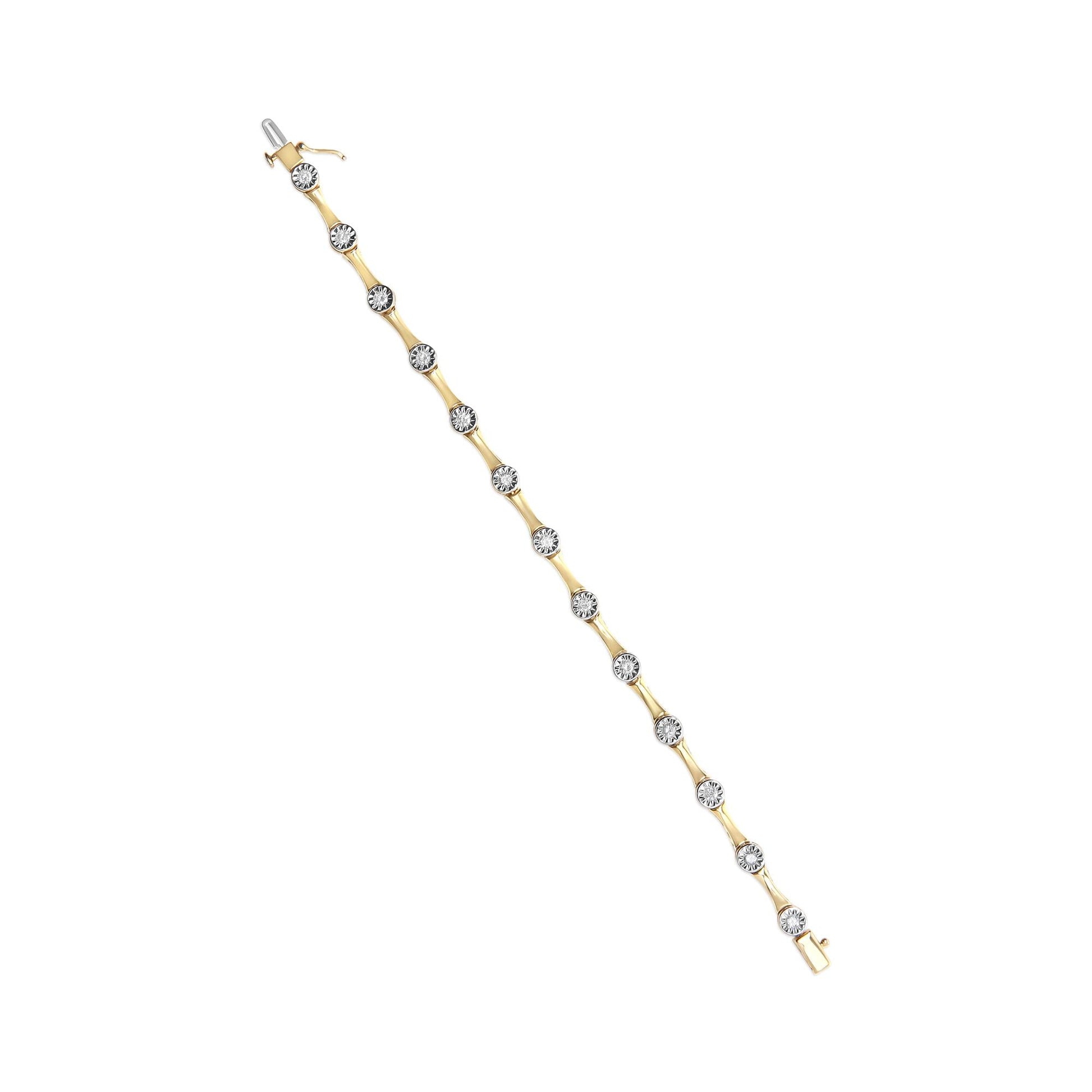 10K Yellow Gold Plated .925 Sterling Silver 1.0 Cttw Miracle Set Diamond Bezel Style Station Link Bracelet (H-I Color, I3 Clarity) - Size 7" - Bijoux-NYC Direct