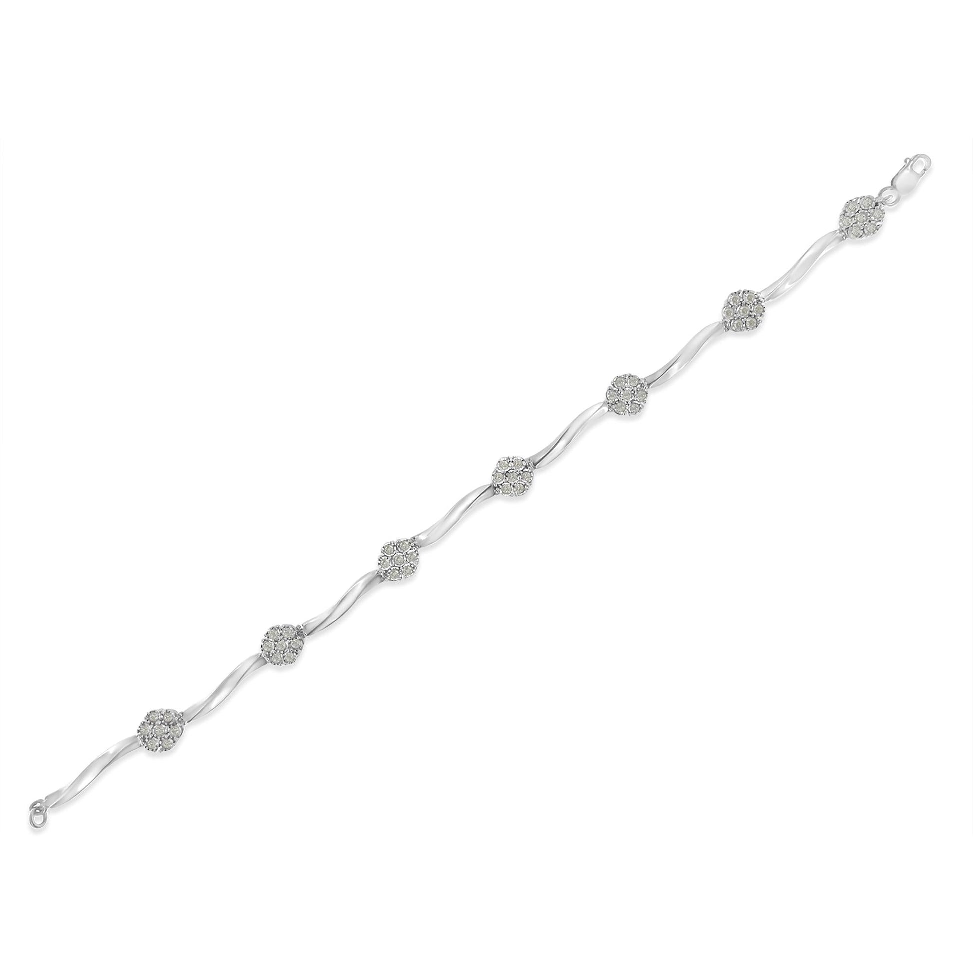 .925 Sterling Silver 1.0 Cttw Diamond Cluster Miracle-Set Station & Twisted Bar 7" Tennis Bracelet (H-I Color, I1-I2 Clarity) - Bijoux-NYC Direct