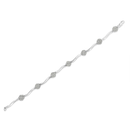 .925 Sterling Silver 1.0 Cttw Diamond Cluster Miracle-Set Station & Twisted Bar 7" Tennis Bracelet (H-I Color, I1-I2 Clarity) - Bijoux-NYC Direct