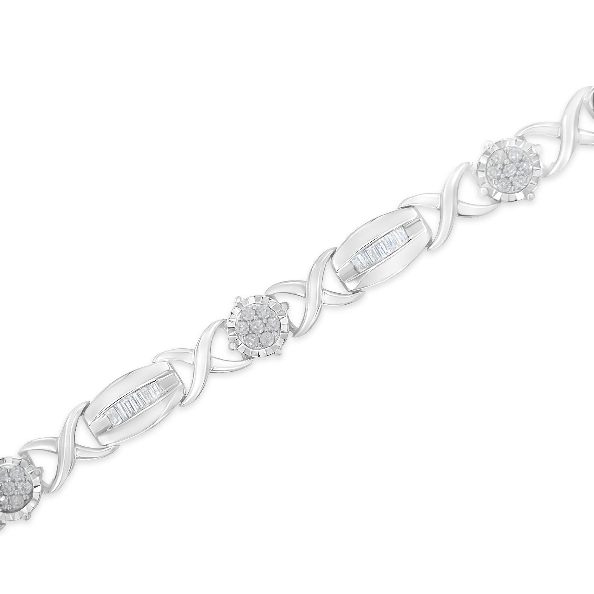 .925 Sterling Silver 1.0 Cttw Round-Cut and Baguette-Cut Diamond X-Link Bracelet (I-J Color, I1-I2 Clarity) - 7" - Bijoux-NYC Direct