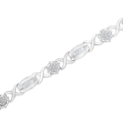 .925 Sterling Silver 1.0 Cttw Round-Cut and Baguette-Cut Diamond X-Link Bracelet (I-J Color, I1-I2 Clarity) - 7" - Bijoux-NYC Direct