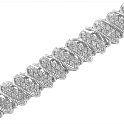.925 Sterling Silver 3.0 Cttw Diamond Multi Row Cluster Slanted Wave Link 7-¼” Tennis Bracelet (I-J Color, I2-I3 Clarity) - Bijoux-NYC Direct
