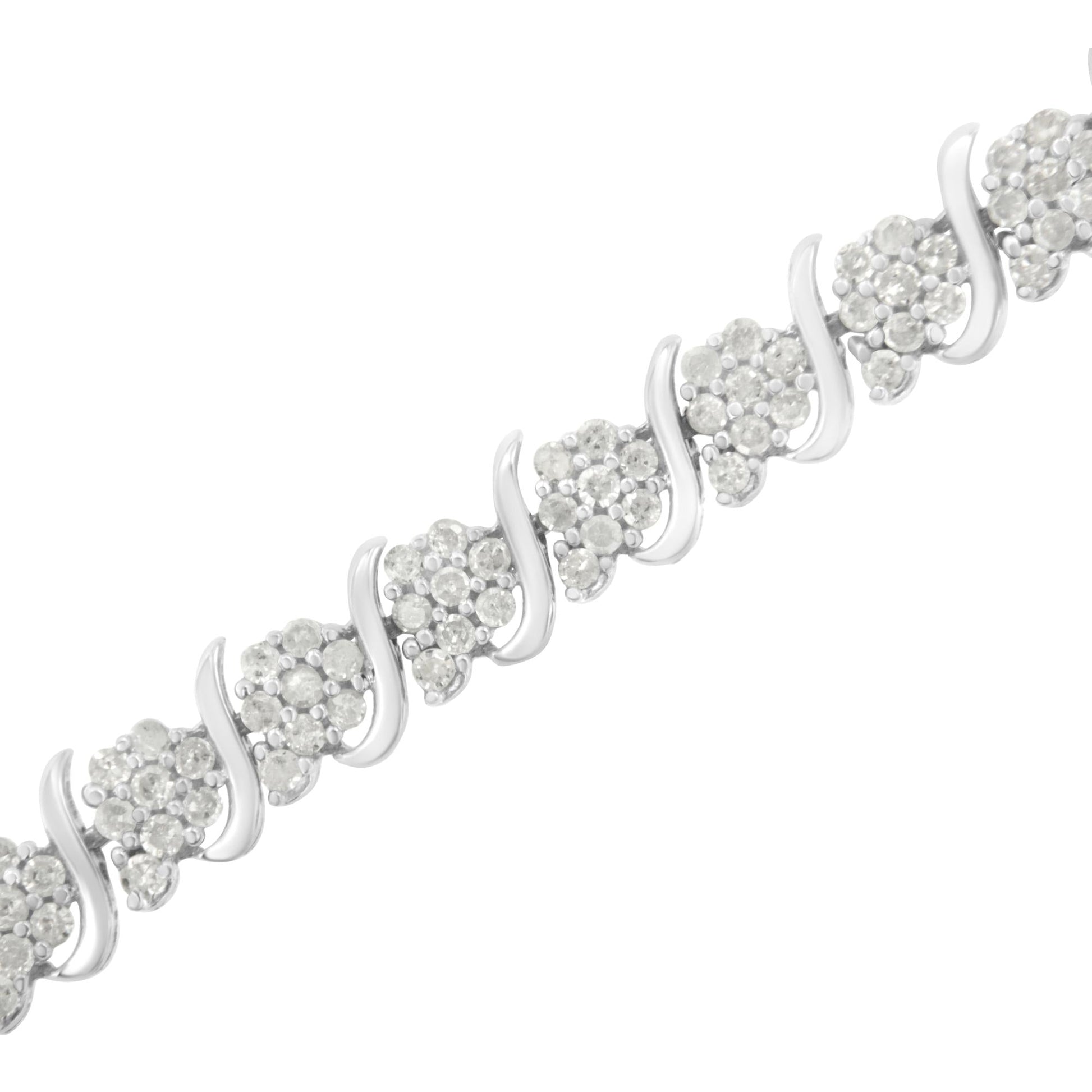 .925 Sterling Silver Diamond Floral Cluster Link Bracelet (2 3/4 cttw, I-J Color, I3 Clarity) - Size 7.25" - Bijoux-NYC Direct