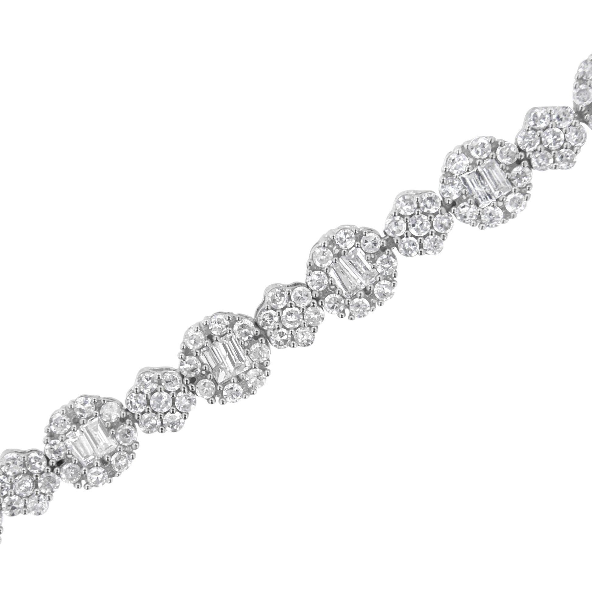 10K White Gold 4.0 cttw Brilliant Round-cut and Baguette Diamond Floral Cluster Link Bracelet (I-J Clarity, I1-I2 Color) - Size 7" - Bijoux-NYC Direct