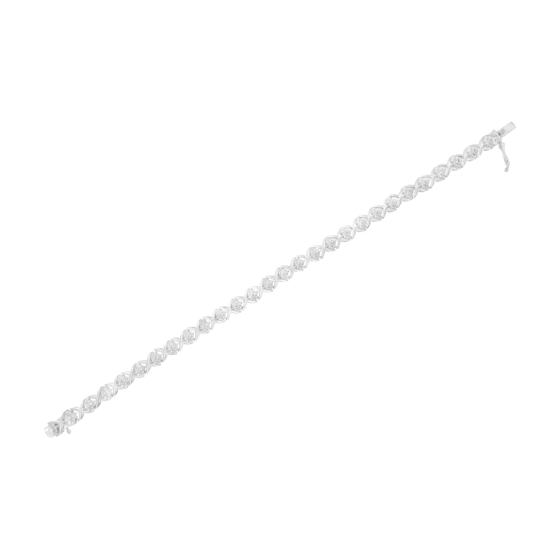 .925 Sterling Silver Round-Cut Diamond Accent Floral Cluster and "X" Link Bracelet (I-J Color, I3 Clarity) - 7.25" - Bijoux-NYC Direct