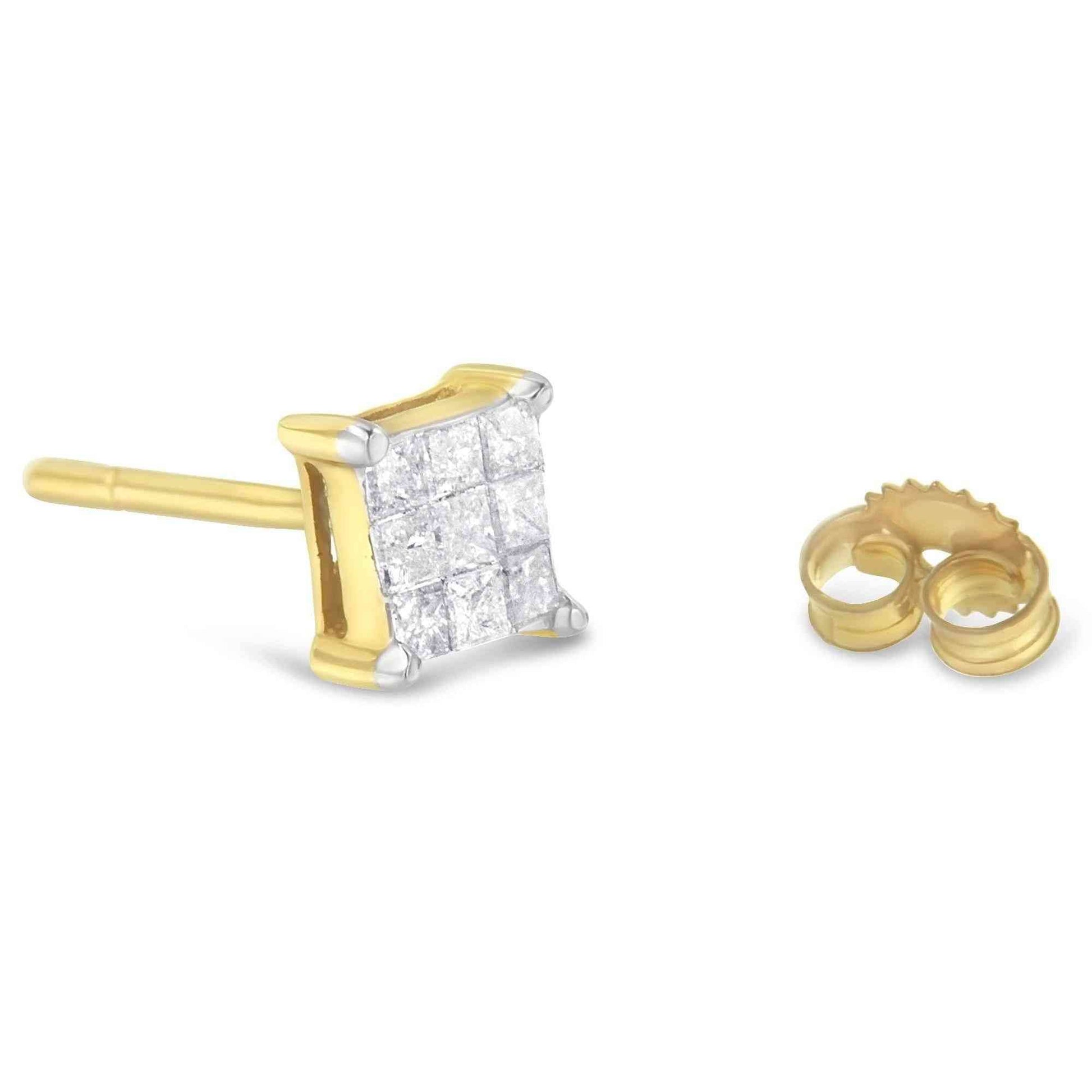 14K Yellow Gold 1/2 Cttw Invisible Set Princess-Cut Diamond 9 Stone Square Stud Earrings (J-K Color, SI2-I1 Clarity) - Bijoux-NYC Direct